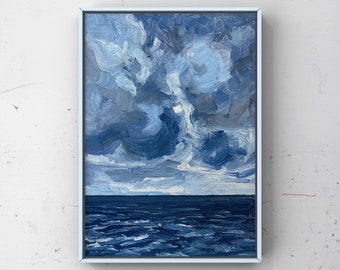 Original Work 5x7", Lake Storm Study, Not a Print, Painting on canvas panel, Blue Waves, Boating Gift, canvas wall art