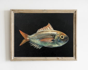 Sonnenfisch Stillleben, 5x7 ""Original Ölgemälde auf Leinwand Panel, Fisch Französisch Küche Dekor, Nautische Cottagecore Stil Kunstwerk."