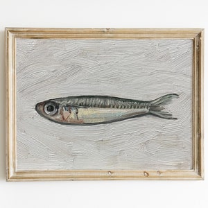 Sardine Painting 5x7, Original Painting, Small Fish Still Life, Kitchen Art, oil on canvas panel image 1