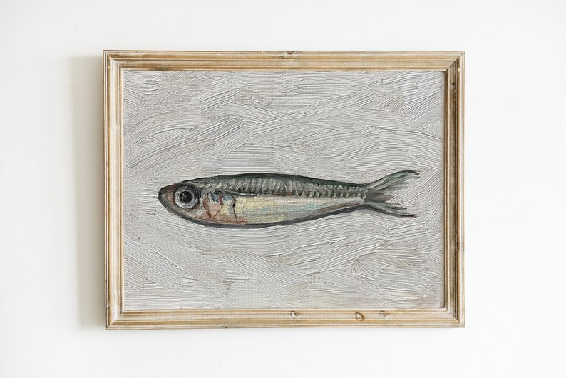 Sardine Painting 5x7, Original Painting, Small Fish Still Life, Kitchen Art, oil on canvas panel image 1