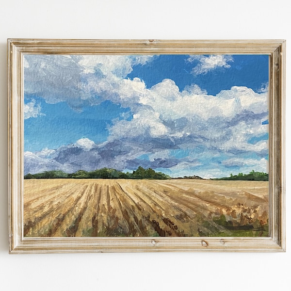 Original Landscape Painting, Vintage Farmhouse Style, Beautiful warm field with clouds, Acrylic on Paper, Hand Painted, 5x7in