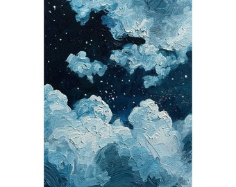 Hand Painted 5x7", Celestial Night Clouds and Sky, Wall Art, Gift for Her, Whimsigoth Decor Style, oil on panel