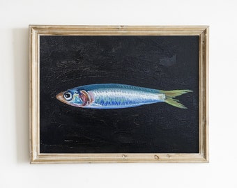 Sardine Painting 5x7", Original Painting, Small Fish Still Life Kitchen Art, on canvas panel