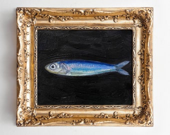 Sardine Painting, Original Painting, Small Fish Still Life Kitchen Art, 5x7 on canvas panel