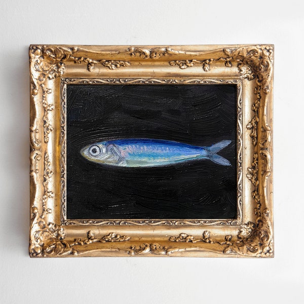 Sardine Painting, Original Painting, Small Fish Still Life Kitchen Art, 5x7 on canvas panel