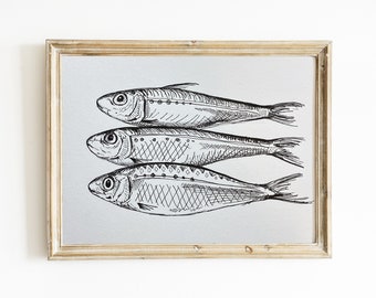 Sardine originali Disegno a inchiostro disegnato a mano, Pesce piccolo Still Life, Arte della cucina, 5x7