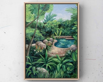 Hidden Jungle Pool, ORIGINAL Painting, Tropical Vacation, House Plant Wall Art, 8x10 Oil on Canvas