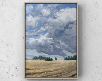 Nuages tourbillonnants, champ récolté, peinture à l’huile originale, terres agricoles, art mural sur toile 8x10in