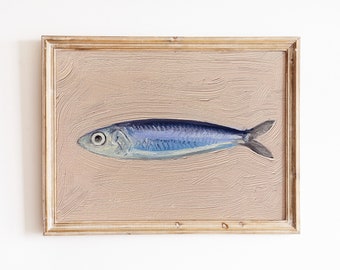 Pink Sardine Painting, Original Painting, Small Fish Still Life, Kitchen Art, 5x7 olio su tela