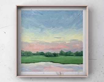 Original landscape, Pink and Purple Sky.  Oil Painting, 6x6 oil on Arches paper.