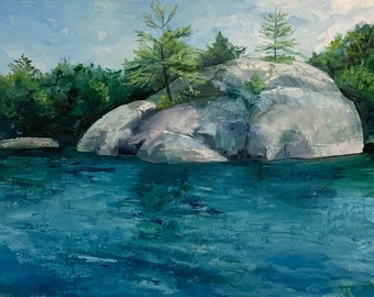 Lake Painting, Rocky shore, Original Oil Painting, Cottage life, 12x16 in oil on canvas