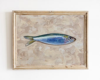 Sardine Painting 9x12", Original Painting, Small Fish Still Life, Kitchen Art, oil on canvas panel