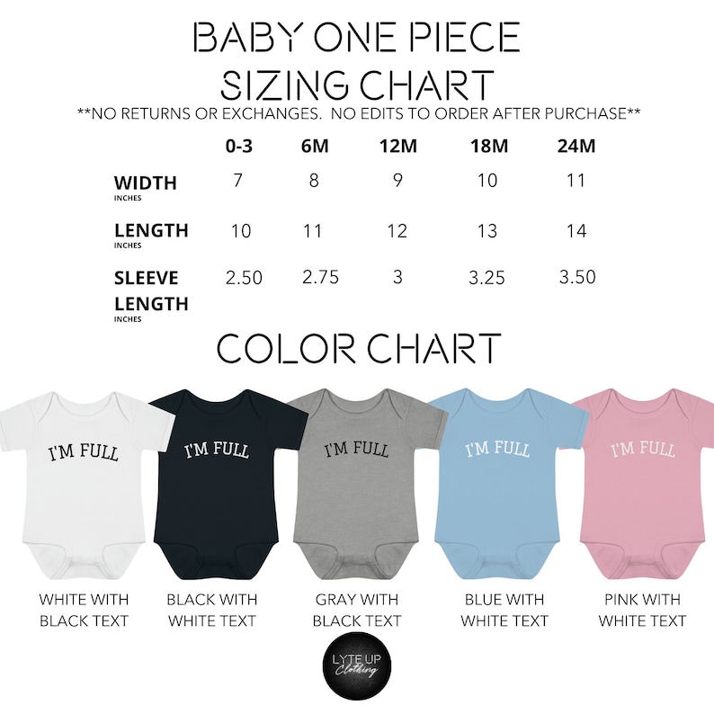 K&ouml;nnte beinhalten: Gr&ouml;&szlig;entabelle f&uuml;r einen Baby-Strampler mit Ma&szlig;en in Zoll. Die Tabelle zeigt die Breite, L&auml;nge und &Auml;rmell&auml;nge f&uuml;r die Gr&ouml;&szlig;en 0-3 Monate, 6 Monate, 12 Monate, 18 Monate und 24 Monate. Die Tabelle wird von f&uuml;nf Bildern von Baby-Stramplern in verschiedenen Farben begleitet: Wei&szlig; mit schwarzem Text, Schwarz mit wei&szlig;em Text, Grau mit schwarzem Text, Blau mit wei&szlig;em Text und Rosa mit wei&szlig;em Text. Jeder Strampler hat den Text "I'm Full" aufgedruckt.
