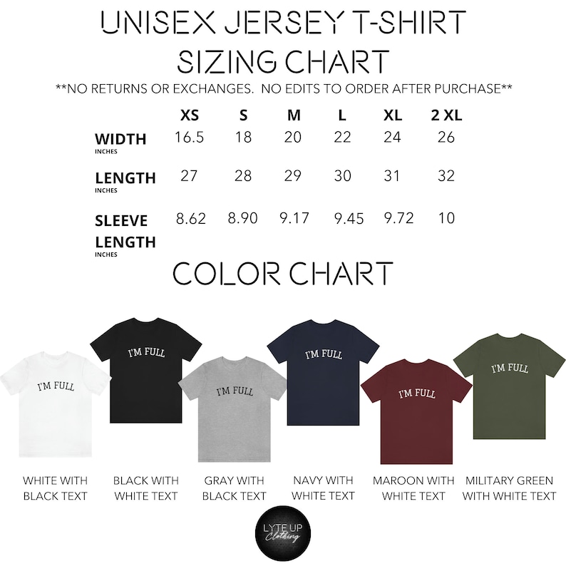 K&ouml;nnte beinhalten: Gr&ouml;&szlig;entabelle f&uuml;r Unisex-Jersey-T-Shirts mit Ma&szlig;en in Zoll. Die Farbtabelle zeigt sechs T-Shirt-Farben: Wei&szlig; mit schwarzem Text, Schwarz mit wei&szlig;em Text, Grau mit schwarzem Text, Marineblau mit wei&szlig;em Text, Rotbraun mit wei&szlig;em Text und Milit&auml;rgr&uuml;n mit wei&szlig;em Text.