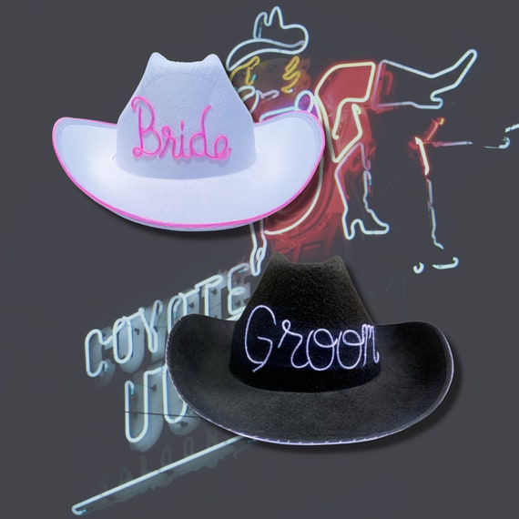Two Light up Bride or Groom Cowboy Hats 