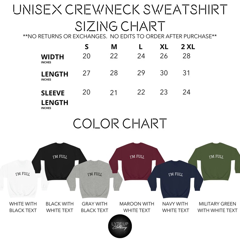 K&ouml;nnte beinhalten: Unisex-Crewneck-Sweatshirt Gr&ouml;&szlig;entabelle mit Ma&szlig;en in Zoll. Die Farbtabelle zeigt sechs verschiedene Farboptionen: Wei&szlig; mit schwarzem Text, Schwarz mit wei&szlig;em Text, Grau mit schwarzem Text, Rotbraun mit wei&szlig;em Text, Marineblau mit wei&szlig;em Text und Milit&auml;rgr&uuml;n mit wei&szlig;em Text.