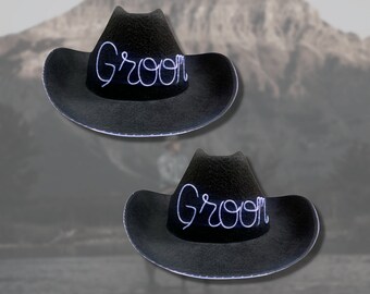 Glowing Groom & Groom Cowboy Style Hat Combo - Customizable - FREE U.S. SHIPPING