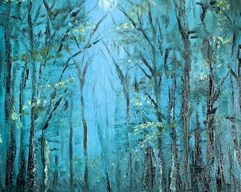 Moon art, moon painting, moonlight path original oil painting, night forest painting, nocturne painting