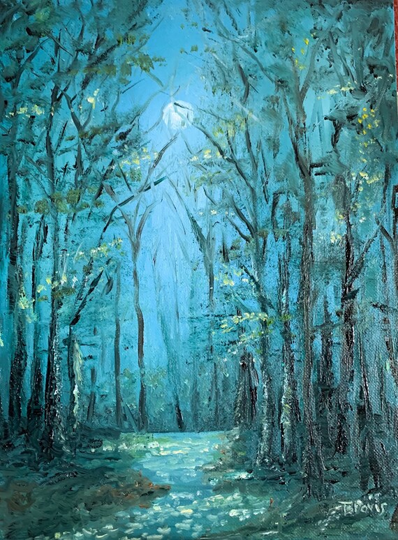 Forest At Night With Moon Painting