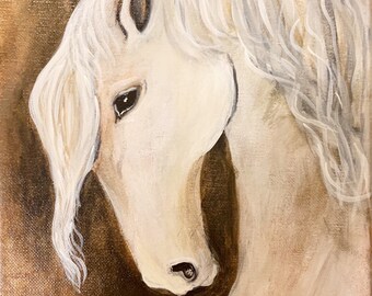Op de afbeelding: Een schilderij van een wit paardenhoofd met een bruine achtergrond. De manen van het paard zijn lang en golvend, en zijn ogen zijn gesloten. Het schilderij is onderaan rechts gesigneerd met "T. Davis".