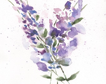May include: Watercolor painting of purple flowers with green stems on a white background.
