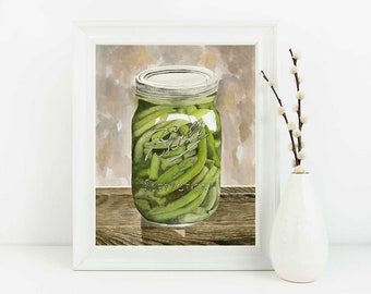 Country Home Decor Rustic Kitchen watercolor print dining room wall art Green Beans canning jar gifts for mom foodie gift