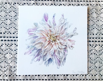 May include: A watercolor painting of a delicate, white dahlia flower with soft pink and purple hues. The flower is rendered in detail, with each petal carefully painted. The background is a simple white, allowing the flower to take center stage.