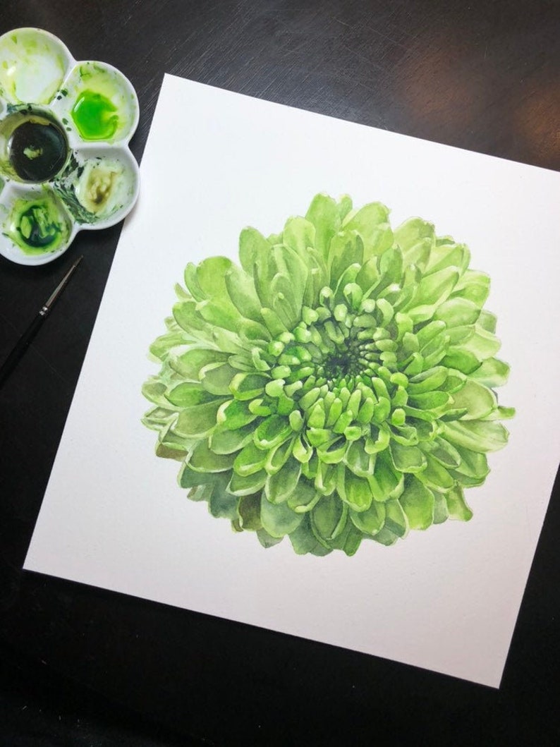 Original Green Flower Watercolor Wall Art, Gifts for Her, Floral Paintings, Feminine Decor, Botanical art, Gardener Gift, Mums image 1