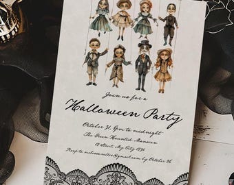 Vintage Gothic Edwardian Costume Halloween Invitation | Black Lace Dinner Party Template | Whimsical Spooky Custom Card