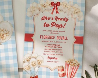 She's Ready to Pop Invitation Boy, Soda Popcorn Baby shower Invite Template