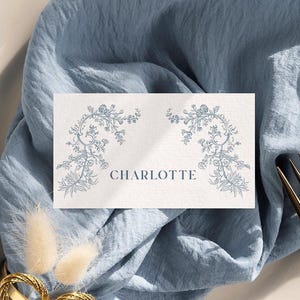 Marque-place chinoiserie Toile bleu poussiéreux, cartes de nom de mariage de mariage, cartes de buffet d'étiquettes de nourriture vintage florales, baby shower, douche nuptiale, baptême