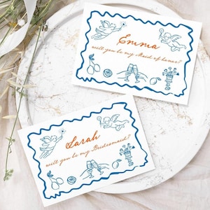Tarjeta de propuesta de dama de honor Tarjeta de dama de honor escrita a mano y dibujada a mano, Doodle Italian Wedding ¿Quieres ser mi dama de honor?, Tarjeta de dama de honor