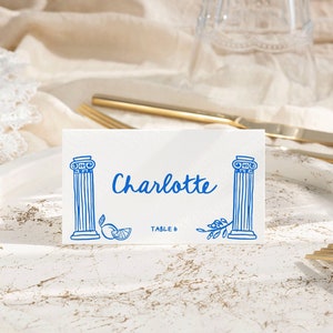 Cartões de lugar desenhados à mão, decoração de casamento italiano, cartões de nome, etiquetas de alimentos, cartões de buffet manuscritos do Mediterrâneo