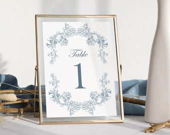 Dusty blue wedding Table Numbers Vintage floral chinoiserie wedding table decor, Baroque frame, Classic Victorian wedding decoration