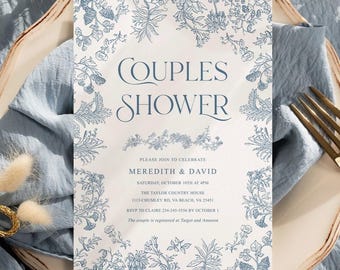 Zaproszenie na baby shower w kolorze Dusty Blue | Szablon do druku w stylu Chinoiserie Toile w stylu vintage z motywem kwiatowym