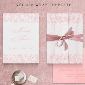 Różowy pergaminowy papier do zaproszeń ślubnych 5x7, do druku, vintage, kwiatowy, chinoiserie, szablon cyfrowy do pobrania