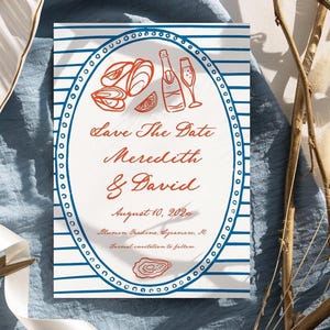 Nautische Save the Date Karte Küstenhochzeitsthema, illustrierte Gekritzel-Auster-Champagne Hand gezeichnete Strandsommerabwehr das Datum laden ein
