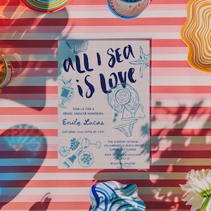 Beach bridal shower invitation: Summer tropical Invite, Hand-drawn Seashell ocean, All I sea is Love Theme