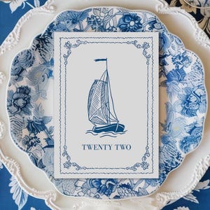 Números de mesa para bodas náuticos: Barco azul marino vintage, decoración costera (descarga digital)