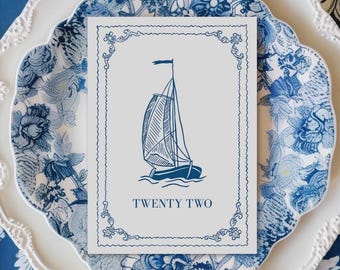 Numeri per tavoli di nozze a tema nautico: barca vintage blu navy, decorazioni per feste in stile costiero (download digitale)
