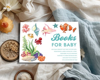 Books For Baby Card Under the sea Baby Shower Game Printable, Girl baby shower book request, Ocean baby shower bring a book card