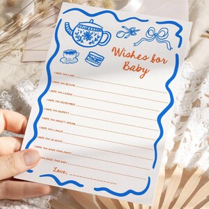 Tarjeta editable con deseos para bebé, juegos para baby shower de niño, tarjeta con deseos para bebé para una fiesta de té caprichosa, escrita a mano y dibujada a mano.