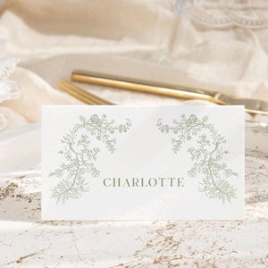 Marque-place floral vert sauge, cartes de nom de mariage en toile, étiquettes de nourriture pour baby shower vintage, cartes de buffet, décoration de douche nuptiale, chinoiseries