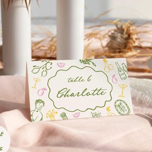 Tarjetas de lugar para bodas italianas, etiquetas de comida para despedidas de soltera mediterráneas, garabatos divertidos, tarjetas de nombre para baby shower con cítricos escritas a mano