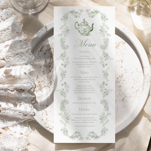 Theekransje Menukaart Saliegroen babyshowermenu Vintage bloemen Frans toile-feestdecor, chinoiserie Bruidsfeestje theekransje Verjaardagsmenu