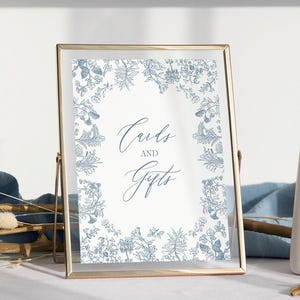 Toile Karten und Geschenke Zeichen Blau Chinoiserie Baby Party Dekor Junge Vintage Blumen Geburtstag Zeichen, Toile Brautparty, Hochzeit Zeichen