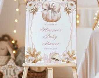 Pink Bow Pumpkin Welcome Sign Template, Coquette Fall Baby Shower Decoration, Blush Floral Little Pumpkin Girl Shower Poster
