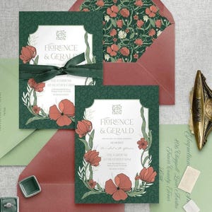 Rot Grüne Blumen Hochzeitseinladung Vintage botanische Hochzeitseinladung William Morris Art Retro Jugendstil Gartenhochzeitseinladung