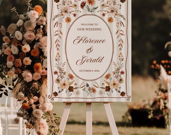Fall Wildflower Wedding Welcome Sign, Boho floral decor, Pink Brown Beige, Editable Template