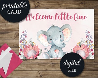 New Baby Congratulations Card Welcome Baby Card PRINTABLE Welcome Little One Card, Elephant newborn Card, Elephant baby shower gift Card